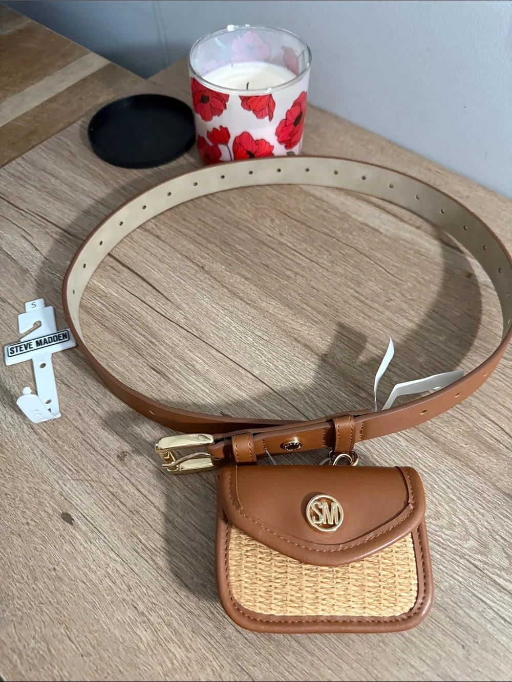 Steve Madden Tan and Brown Leather Belt Bag with Woven Front Pouch